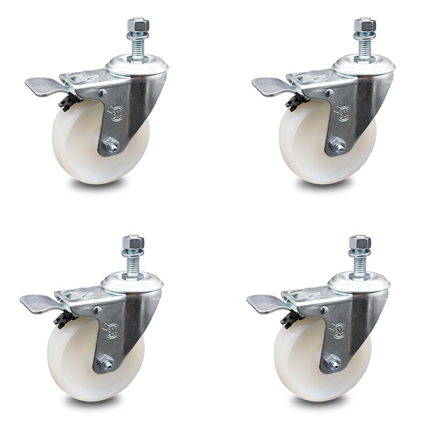 4 Inch Nylon Swivel 1/2 Inch Threaded Stem Caster Set with Total Lock Brake SCC